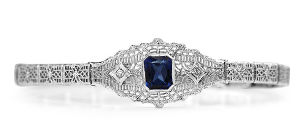 10ct White Gold Art Deco Synthetic Sapphire and Single Cut Diamond Bracelet