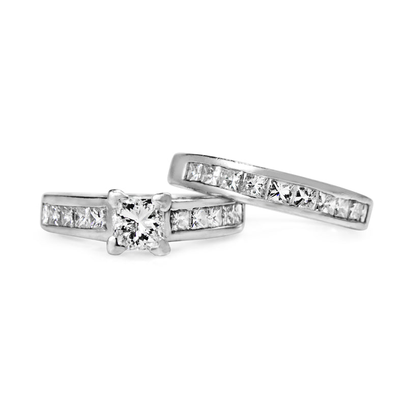 Platinum Princess Cut Diamond Solitaire Ring With Matching Band - Ring Set