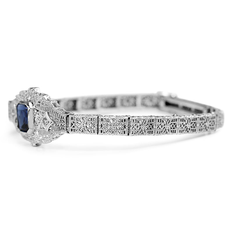 10ct White Gold Art Deco Synthetic Sapphire and Single Cut Diamond Bracelet