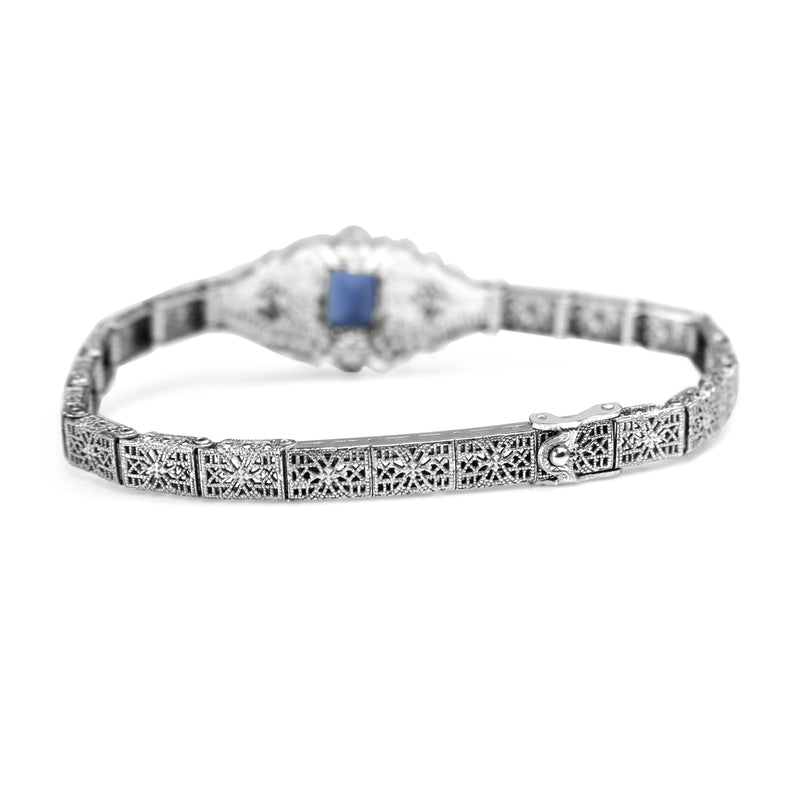 10ct White Gold Art Deco Synthetic Sapphire and Single Cut Diamond Bracelet