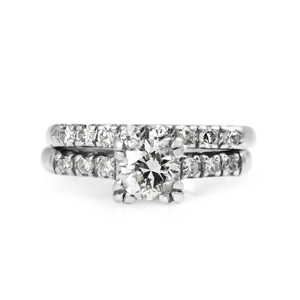 Platinum Vintage Diamond Solitaire Ring With Matching Wedding Band - Ring Set