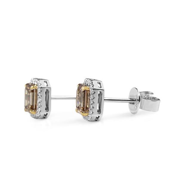 18ct Yellow and White Gold Emerald Cut Champagne Diamond Halo Earrings