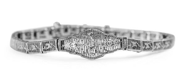14ct White Gold Art Deco Single Cut Diamond Filigree Bracelet