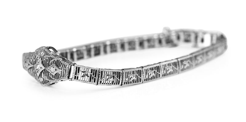 14ct White Gold Art Deco Single Cut Diamond Filigree Bracelet