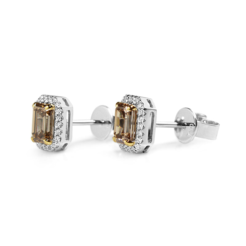 18ct Yellow and White Gold Emerald Cut Champagne Diamond Halo Earrings