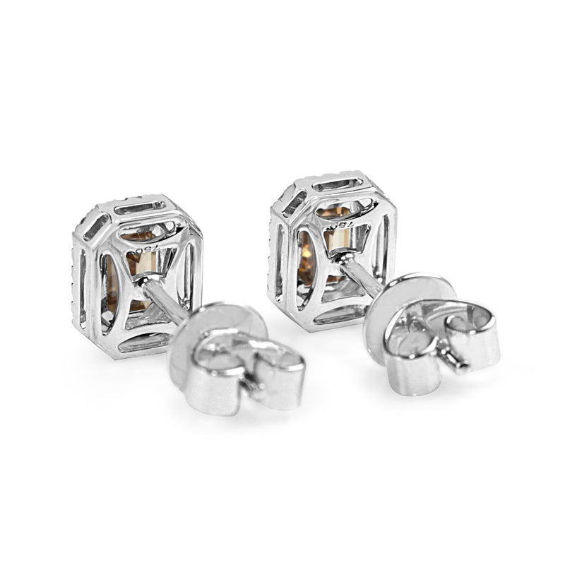 18ct Yellow and White Gold Emerald Cut Champagne Diamond Halo Earrings