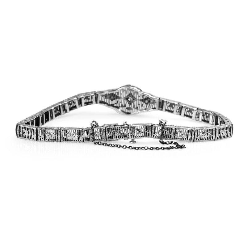 14ct White Gold Art Deco Single Cut Diamond Filigree Bracelet