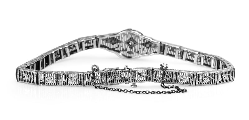 14ct White Gold Art Deco Single Cut Diamond Filigree Bracelet