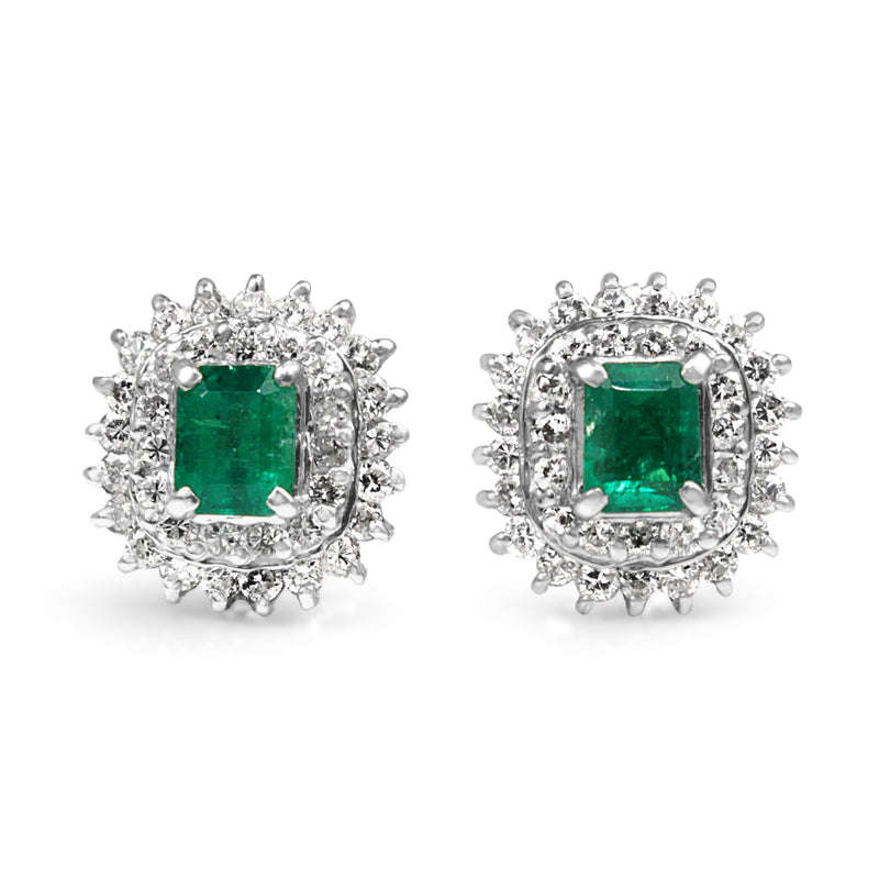 Platinum Vintage Emerald and Diamond Double Halo Stud Earrings