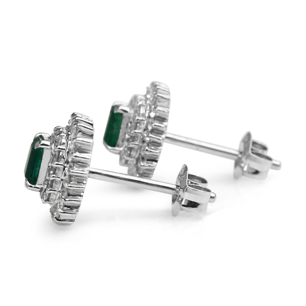 Platinum Vintage Emerald and Diamond Double Halo Stud Earrings