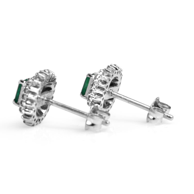 Platinum Vintage Emerald and Diamond Double Halo Stud Earrings