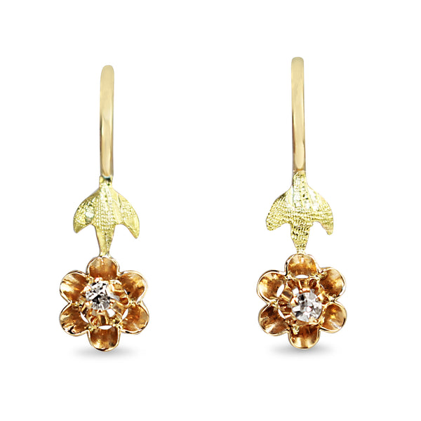 14ct Yellow and Green Gold Antique Old Cut Diamond Daisy Earrings