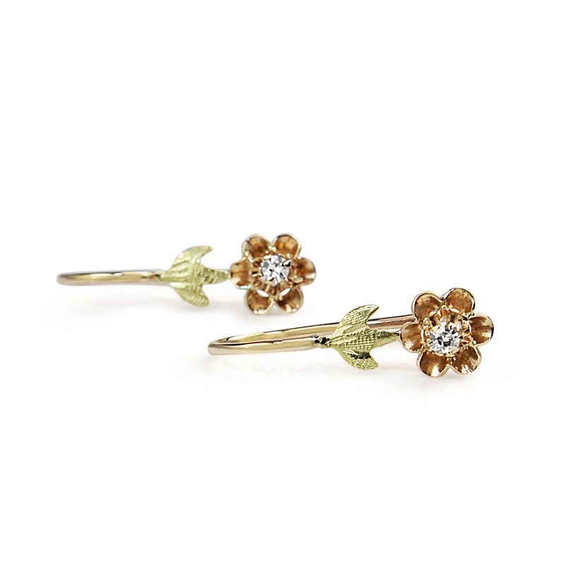 14ct Yellow and Green Gold Antique Old Cut Diamond Daisy Earrings