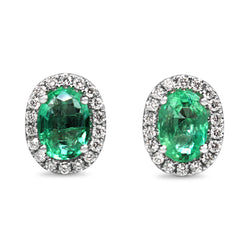 18ct White Gold Emerald and Diamond Halo Earrings