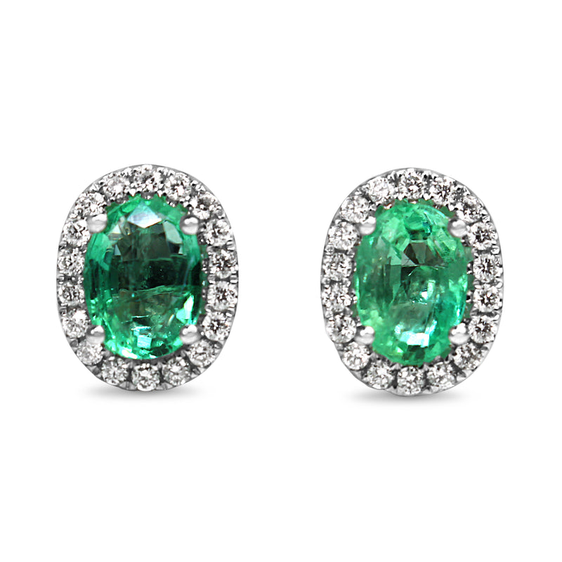 18ct White Gold Emerald and Diamond Halo Earrings