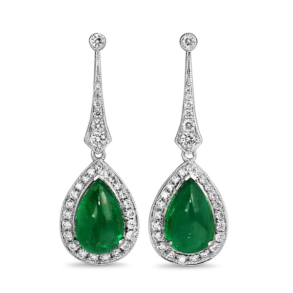 18ct White Gold Cabochon Emerald and Diamond Drop Earrings