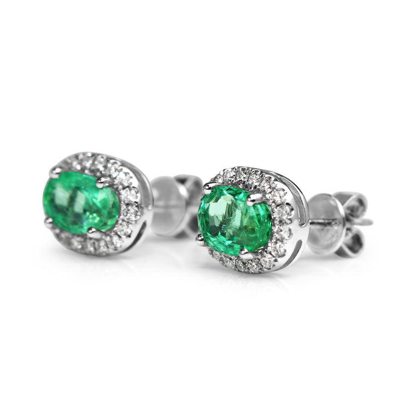 18ct White Gold Emerald and Diamond Halo Earrings