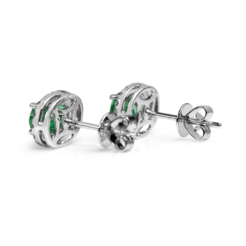 18ct White Gold Emerald and Diamond Halo Earrings