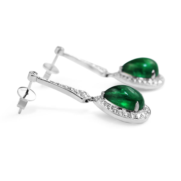 18ct White Gold Cabochon Emerald and Diamond Drop Earrings