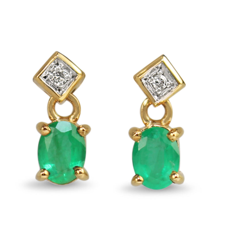 9ct Yellow Gold Emerald and Diamond Drop Earrings