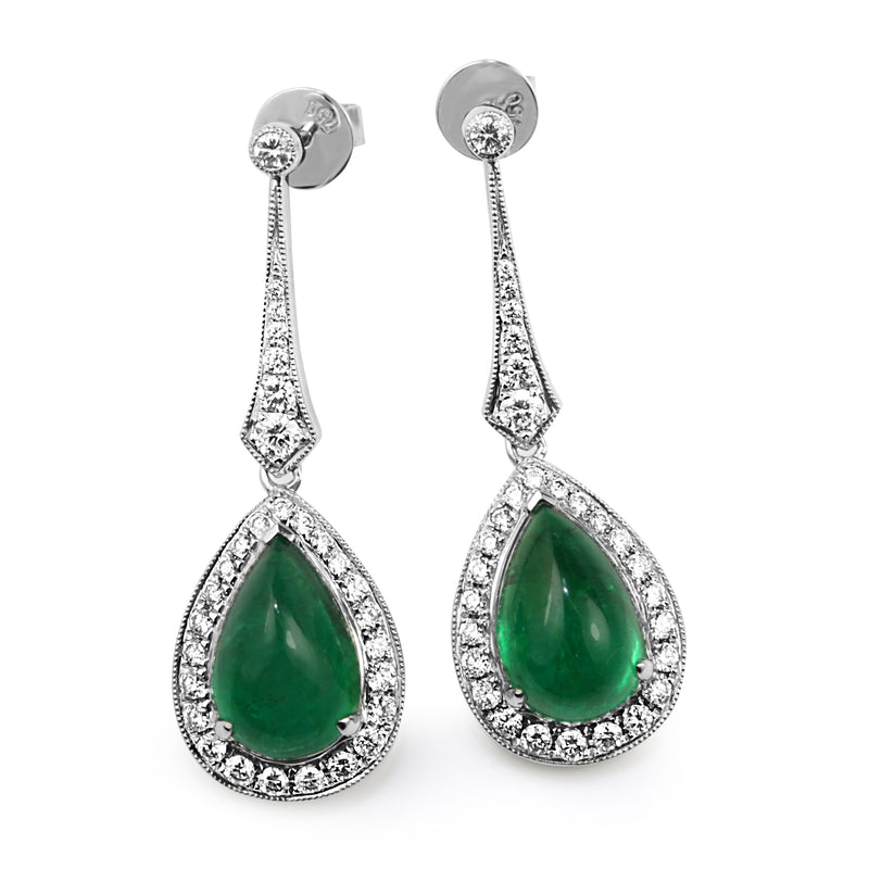 18ct White Gold Cabochon Emerald and Diamond Drop Earrings