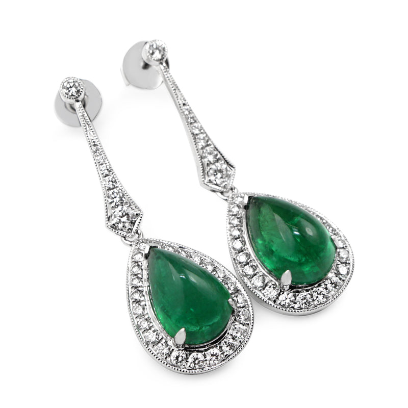 18ct White Gold Cabochon Emerald and Diamond Drop Earrings