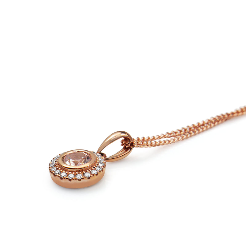 9ct Rose Gold Morganite and Diamond Halo Necklace