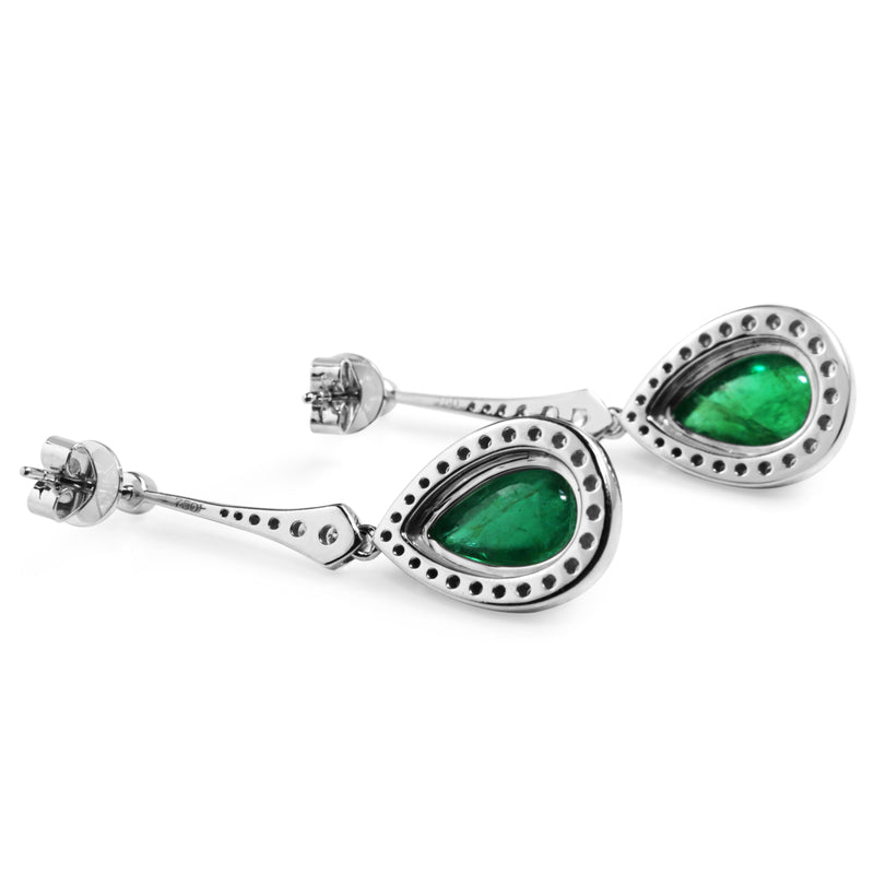 18ct White Gold Cabochon Emerald and Diamond Drop Earrings