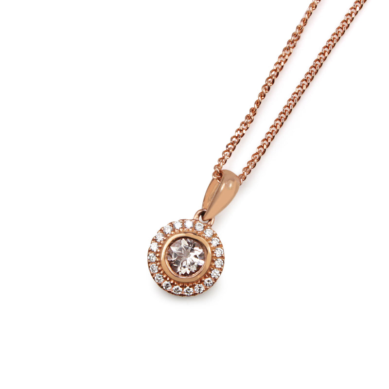 9ct Rose Gold Morganite and Diamond Halo Necklace
