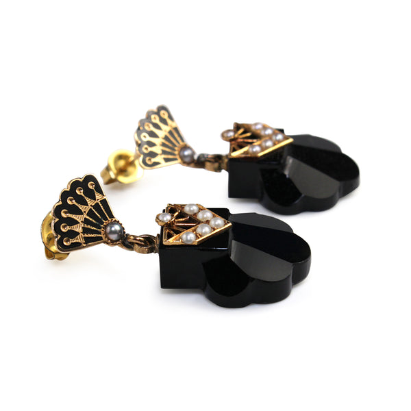 14ct Yellow Gold Antique Onyx, Pearl and Enamel Earrings