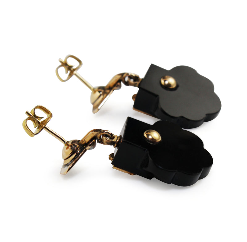 14ct Yellow Gold Antique Onyx, Pearl and Enamel Earrings
