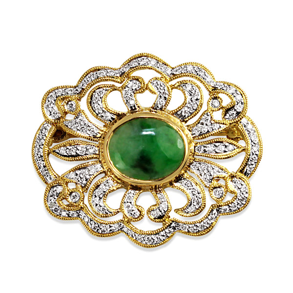 18ct Yellow Gold Estate Jade and Diamond Brooch