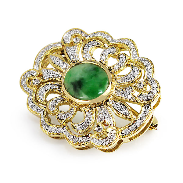 18ct Yellow Gold Estate Jade and Diamond Brooch