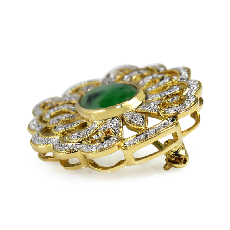 18ct Yellow Gold Estate Jade and Diamond Brooch