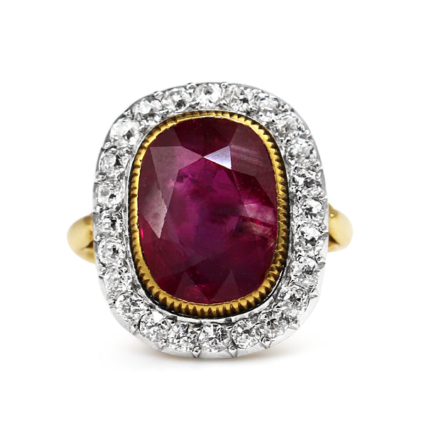 18ct Yellow and White Gold Antique Ruby and Diamond Halo Ring