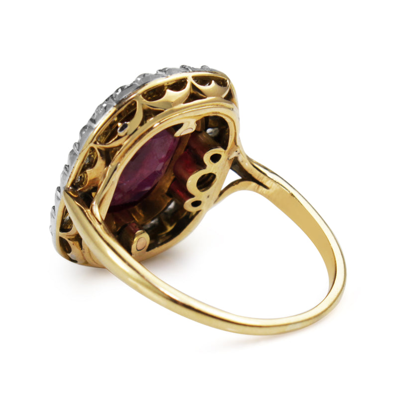 18ct Yellow and White Gold Antique Ruby and Diamond Halo Ring