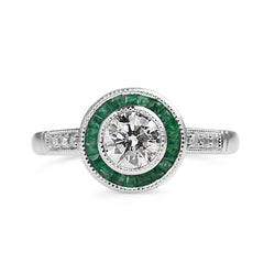 Platinum Art Deco Style Emerald and Diamond Halo Ring