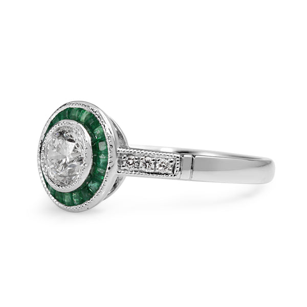 Platinum Art Deco Style Emerald and Diamond Halo Ring