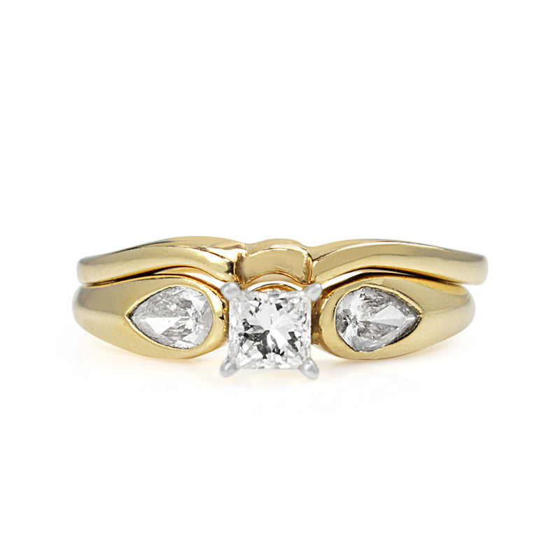 14ct Yellow Gold Princess and Pear Cut Diamond Ring with Matching Band - Ring Set