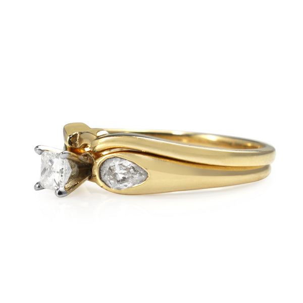 14ct Yellow Gold Princess and Pear Cut Diamond Ring with Matching Band - Ring Set