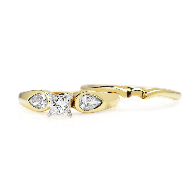 14ct Yellow Gold Princess and Pear Cut Diamond Ring with Matching Band - Ring Set