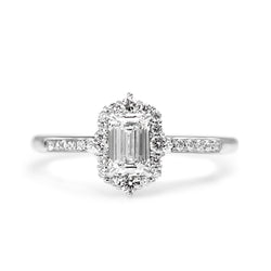 18ct White Gold Emerald Cut Diamond Halo Ring