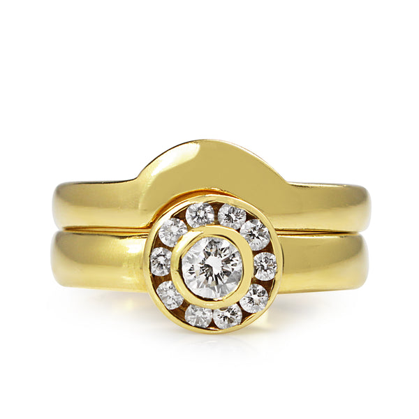 18ct Yellow Gold Diamond Halo Ring With Matching Wedding Band - Ring Set