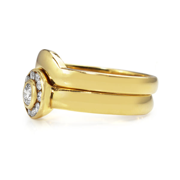 18ct Yellow Gold Diamond Halo Ring With Matching Wedding Band - Ring Set