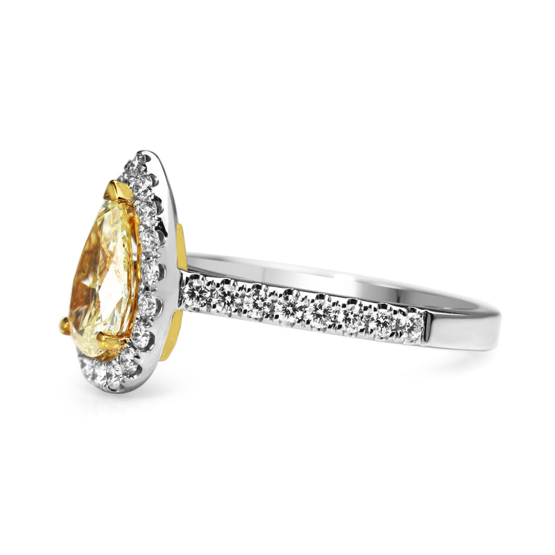 18ct Yellow and White Gold Fancy Yellow Pear Diamond Halo Ring