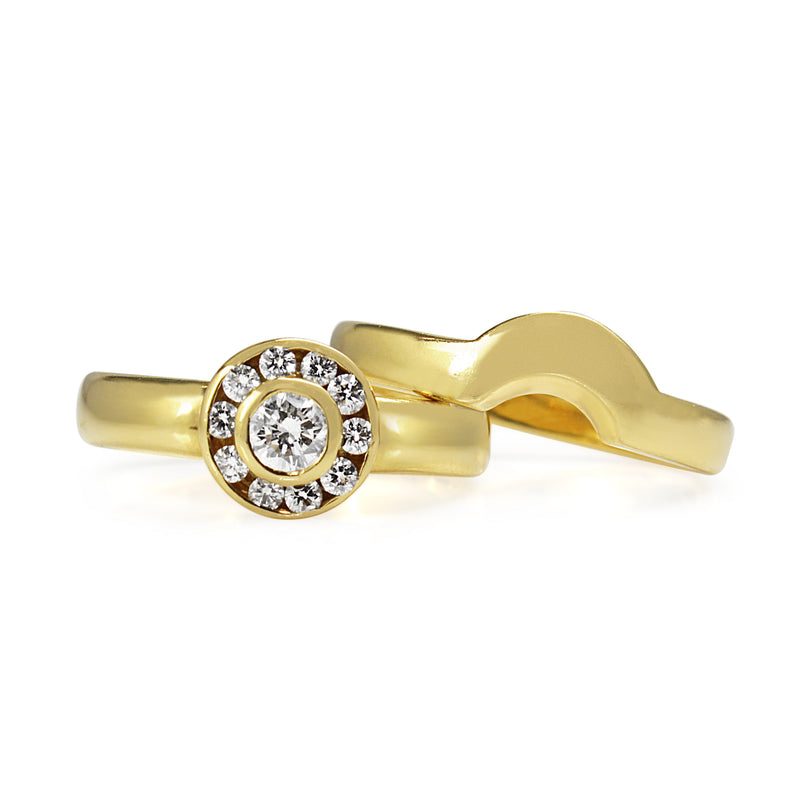 18ct Yellow Gold Diamond Halo Ring With Matching Wedding Band - Ring Set