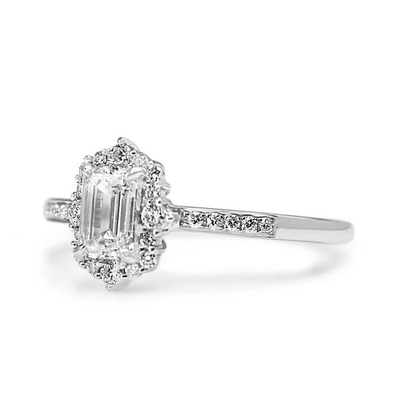 18ct White Gold Emerald Cut Diamond Halo Ring