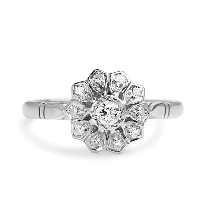18ct White Gold and Platinum Deco Diamond Flower Ring