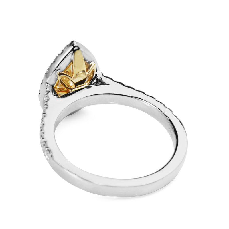 18ct Yellow and White Gold Fancy Yellow Pear Diamond Halo Ring