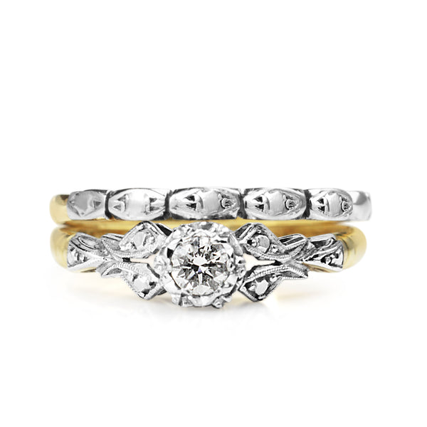 18ct Yellow and White Gold Vintage Diamond Solitaire Ring With Matching Band - Ring Set